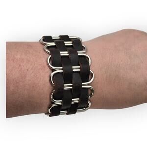 Wide Leather Industrial Bracelet with Metal Rings Snap Closure